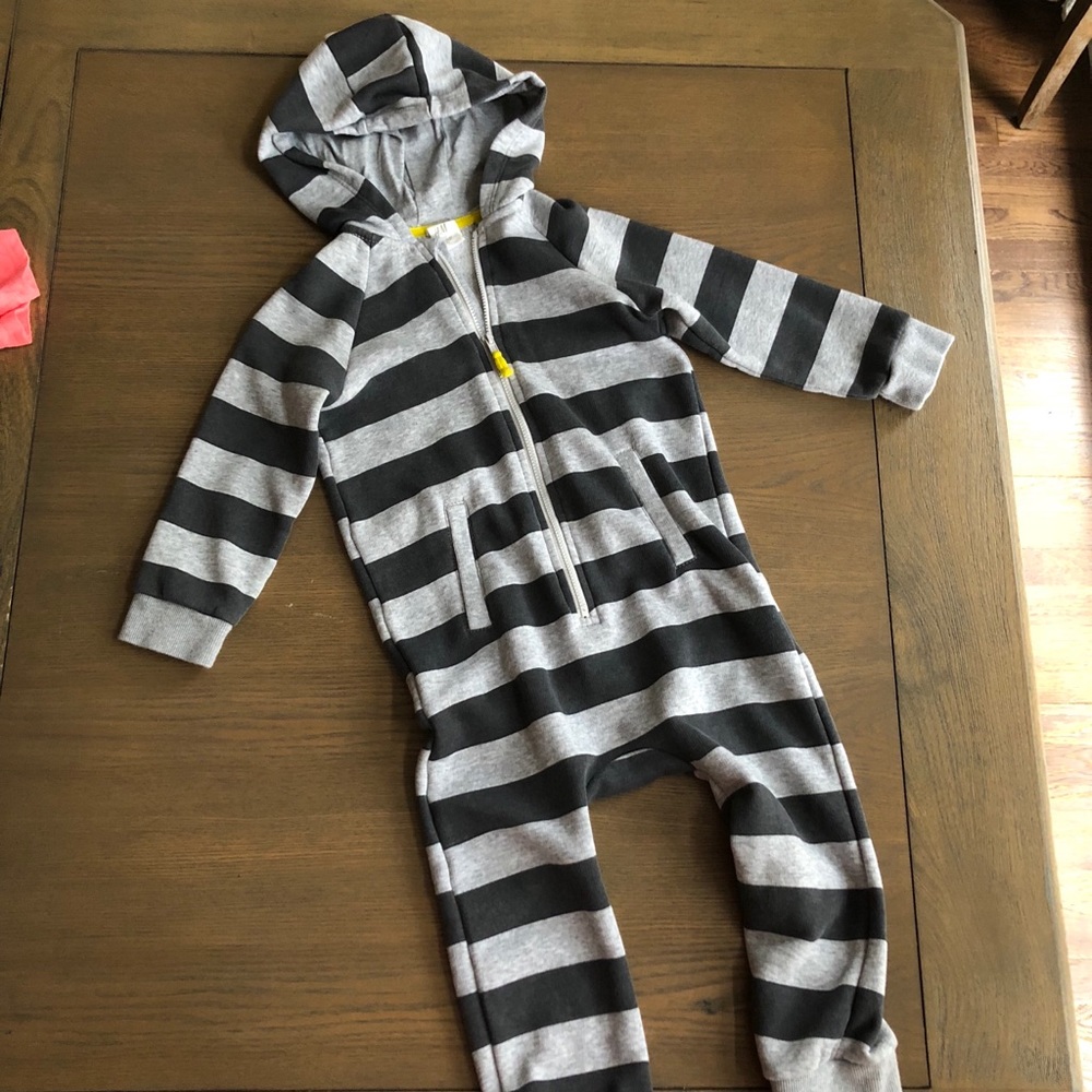 Dark grey, light grey striped hooded jumpsuit